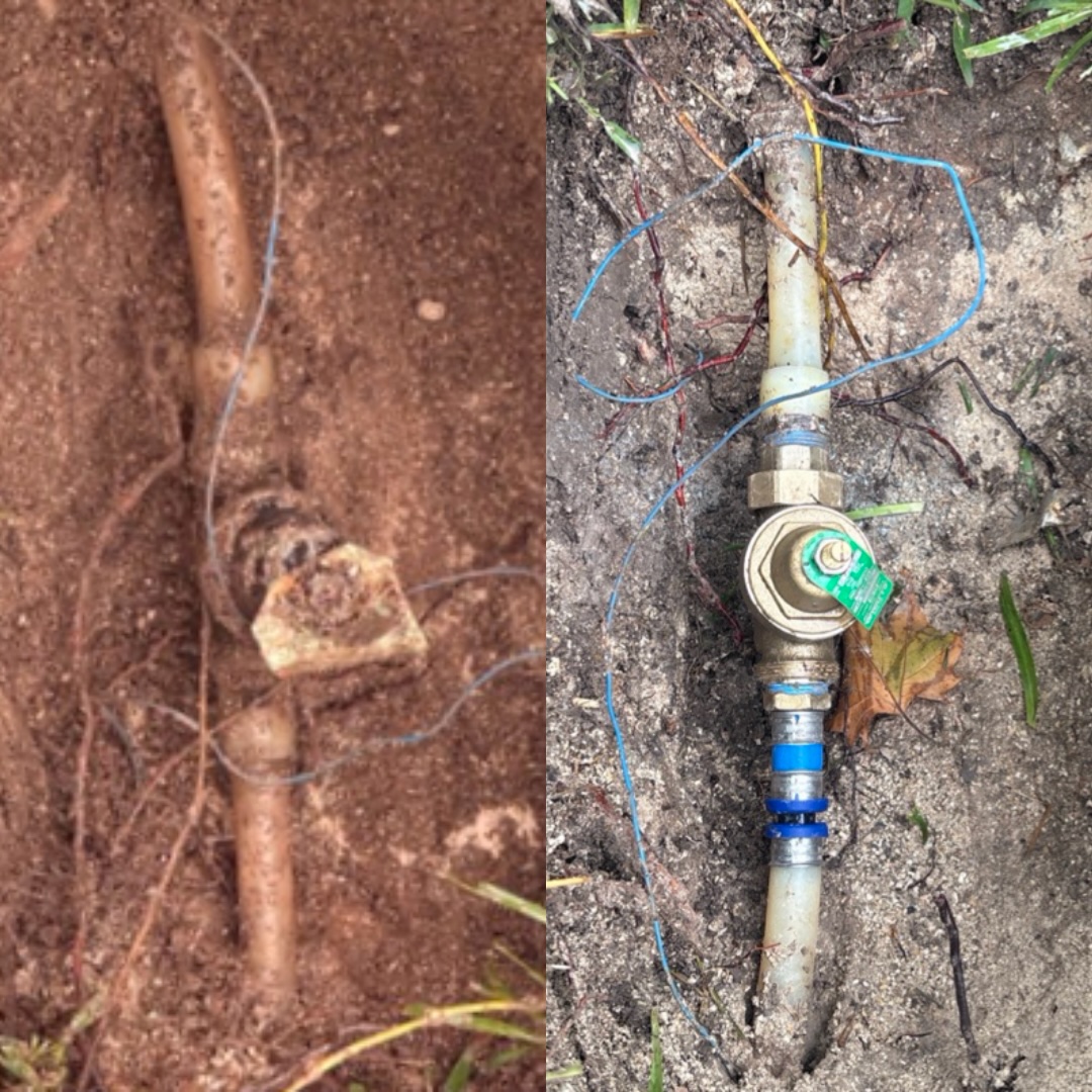 Before-and-after underground pressure reducing valve replacement on a residential water line in Austin, TX, by PlumbAZING